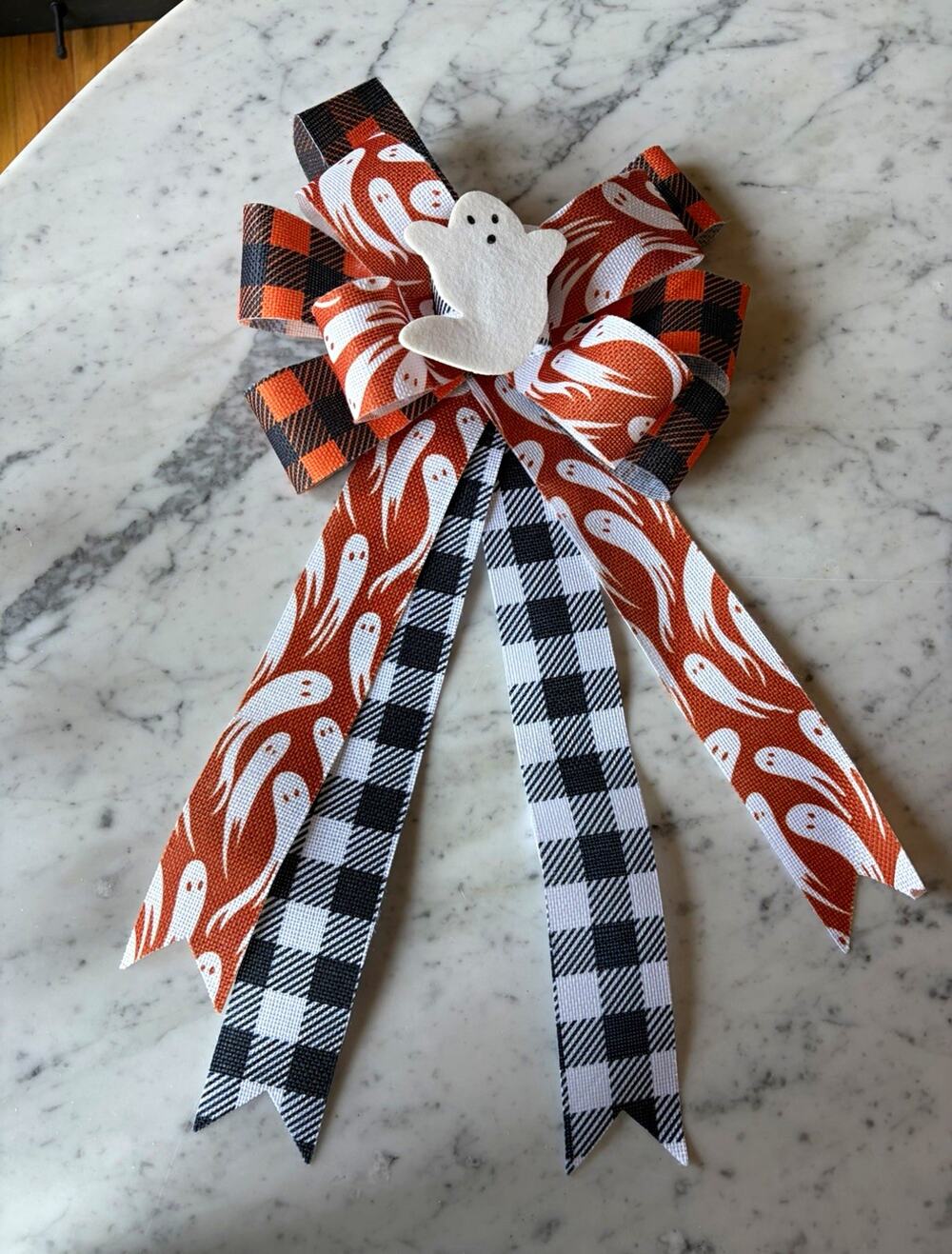 Halloween Fabric Wreath Bow w/ Ghost & Plaid Ribbons, Orange Black White Gray